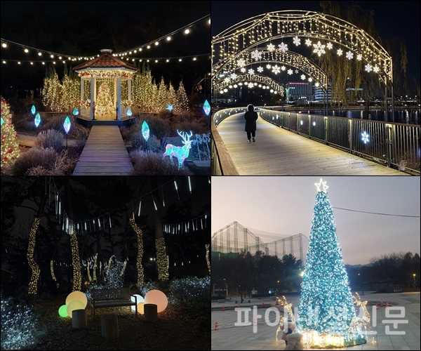 서울시는 겨울을 맞아 남산공원 및 주요 공원에 다양한 경관 조명을 설치하고 시민을 맞이한다. (왼쪽 위부터 시계방향) 서울숲 설렘정원, 서울식물원 호수원 다리, 북서울 꿈의숲 문화광장, 남산공원 산책로 경관 (사진=서울시)